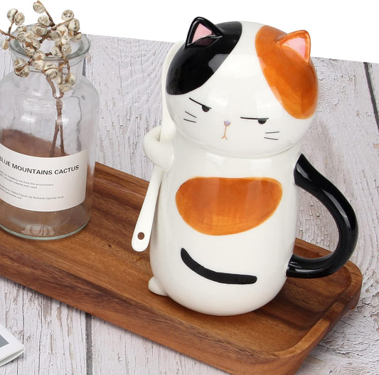 Large Cute Ceramic Coffee Mug with Lid and Spoon Fun Cat Cup for Women Ladies Unique 3D Kawaii Cat Coffee Mugs