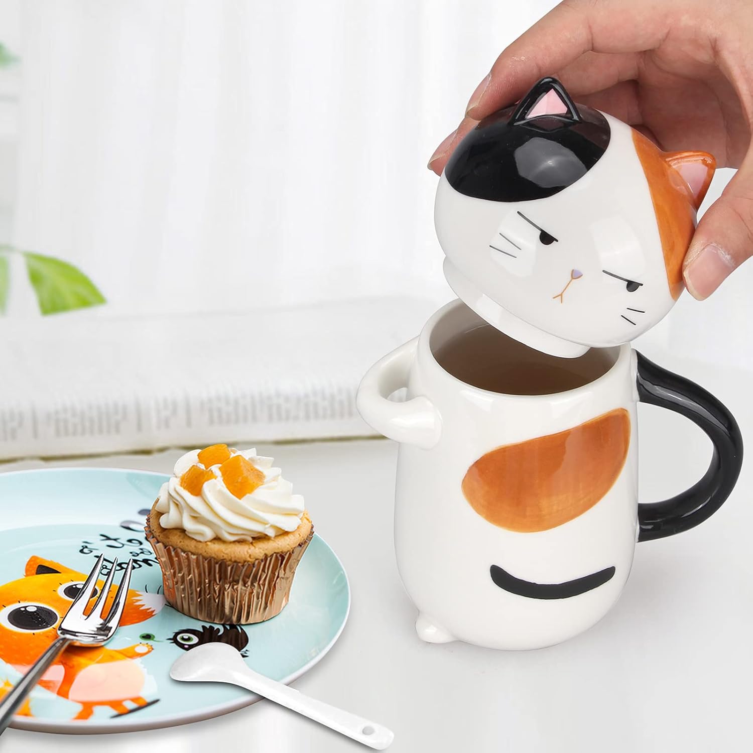 Large Cute Ceramic Coffee Mug with Lid and Spoon Fun Cat Cup for Women Ladies Unique 3D Kawaii Cat Coffee Mugs
