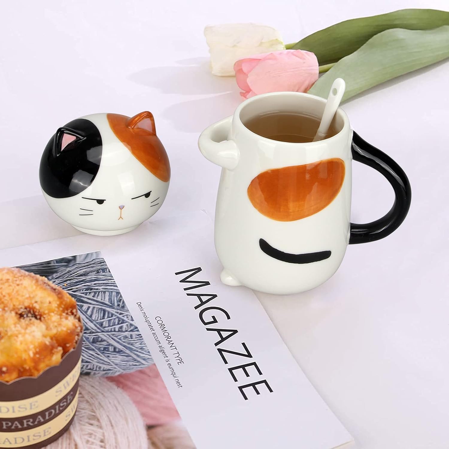Large Cute Ceramic Coffee Mug with Lid and Spoon Fun Cat Cup for Women Ladies Unique 3D Kawaii Cat Coffee Mugs
