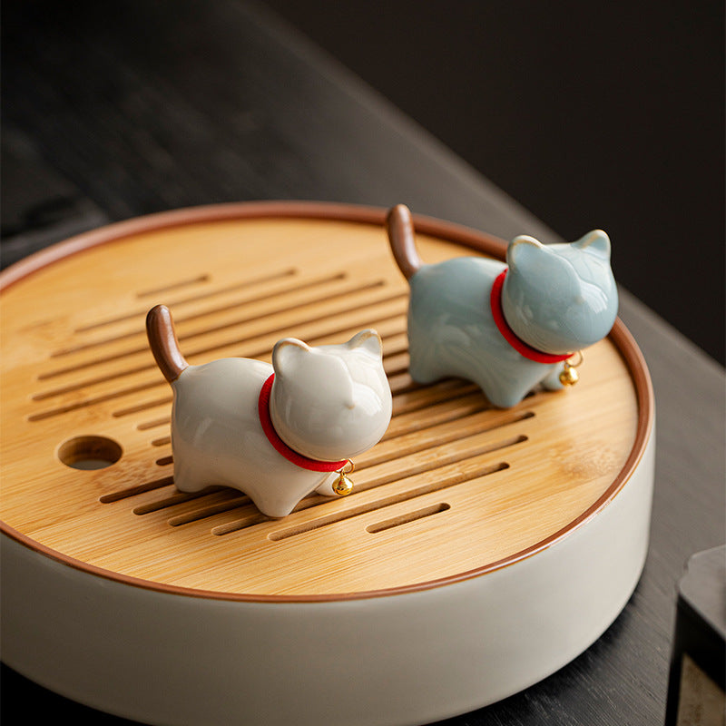 Jingdezhen Ceramics Cute Ceramic Cat Figurine with Miniature Animal Miniature Landscape, Indoor Desktop Decoration
