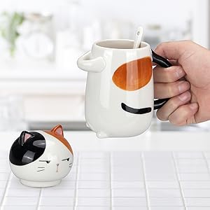 Large Cute Ceramic Coffee Mug with Lid and Spoon Fun Cat Cup for Women Ladies Unique 3D Kawaii Cat Coffee Mugs